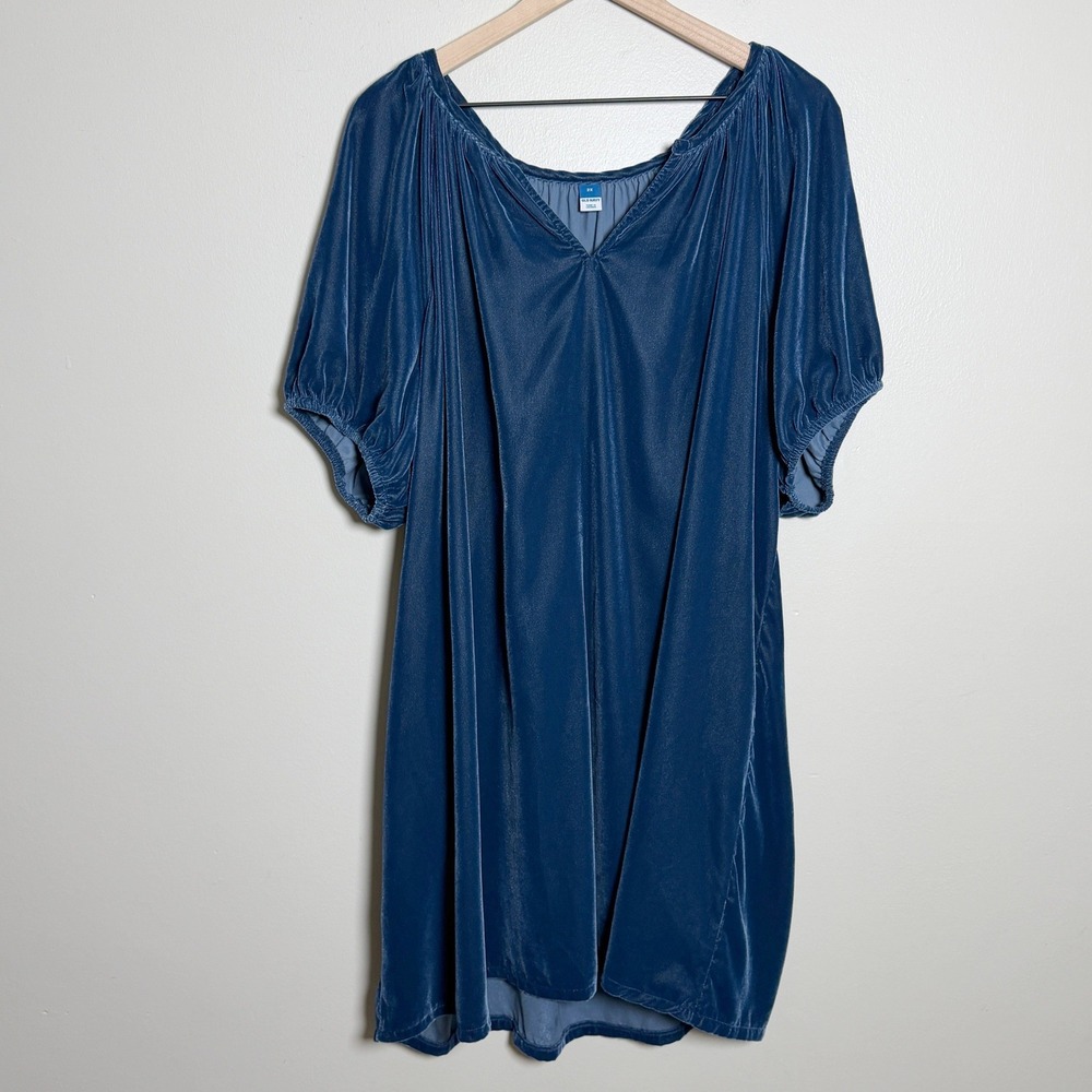 Old Navy Womens Dress 2X Blue Velvet V-Neck Puff Short Sleeve Shift Mini Velour